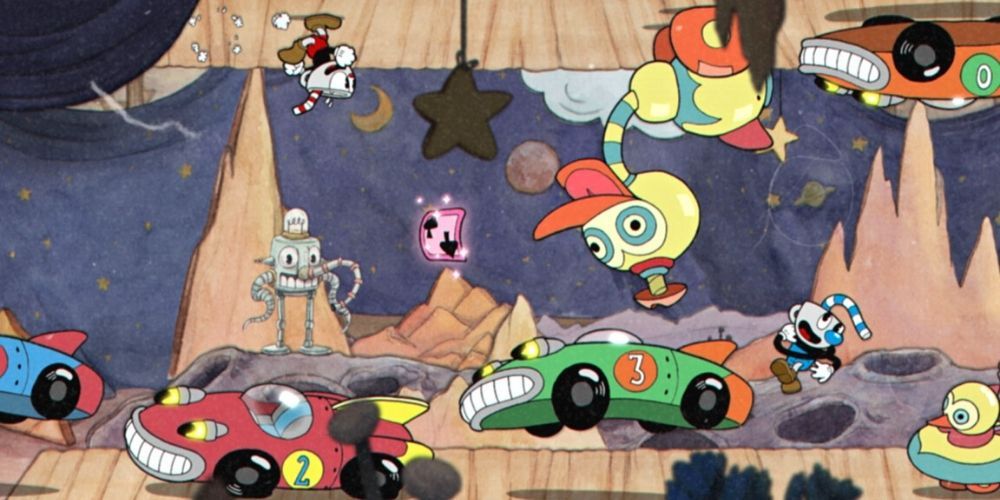 Cupped dashes through a 20-era themed level filled with cars and oddities