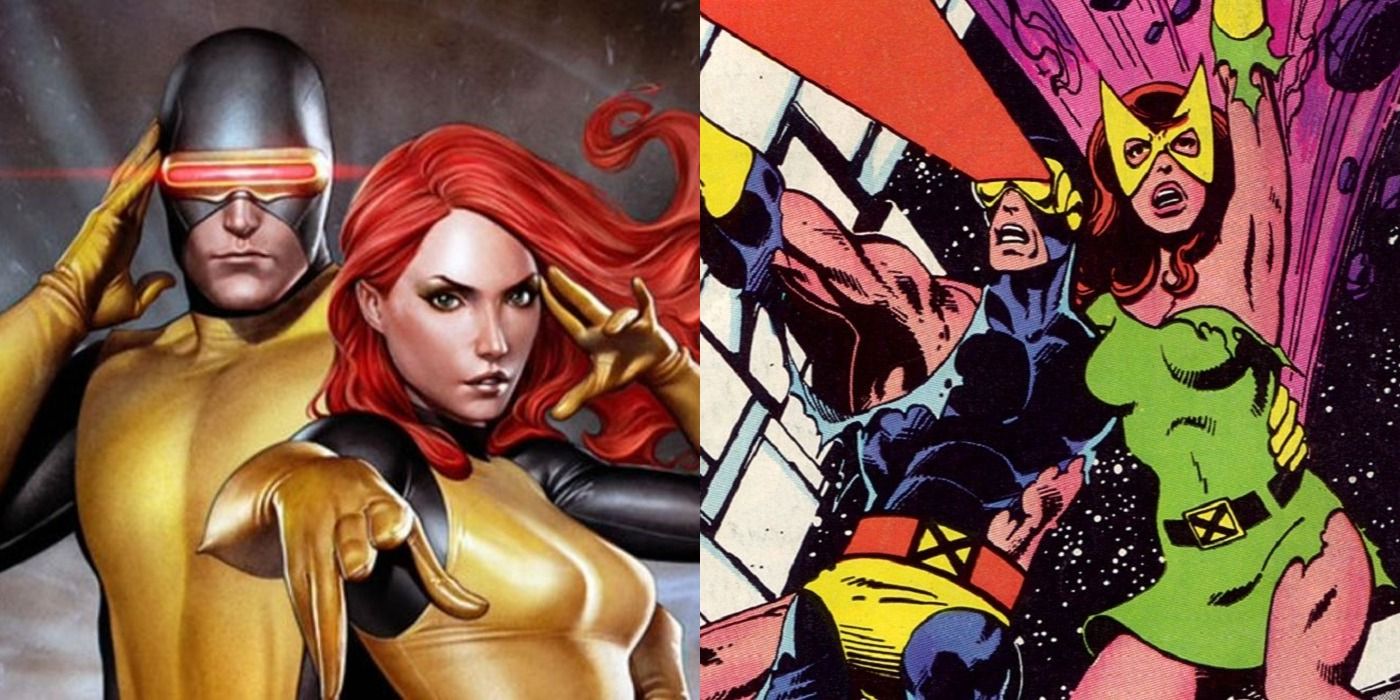 Split image of Cyclops and Jean Grey in their original costumes and from Dark Phoenix Saga in Marvel Comics.