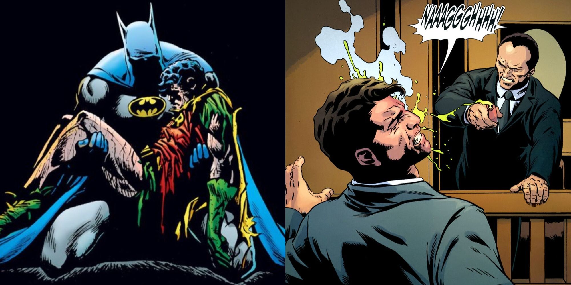 Split image of Batman carrying Jason Todd&rsquo;s corpse &amp; Sal attacking Harvey with acid in DC Comics.