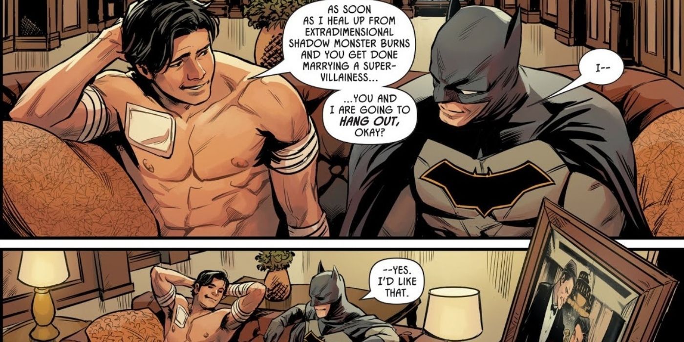 Shirtless Dick Grayson talking to Batman