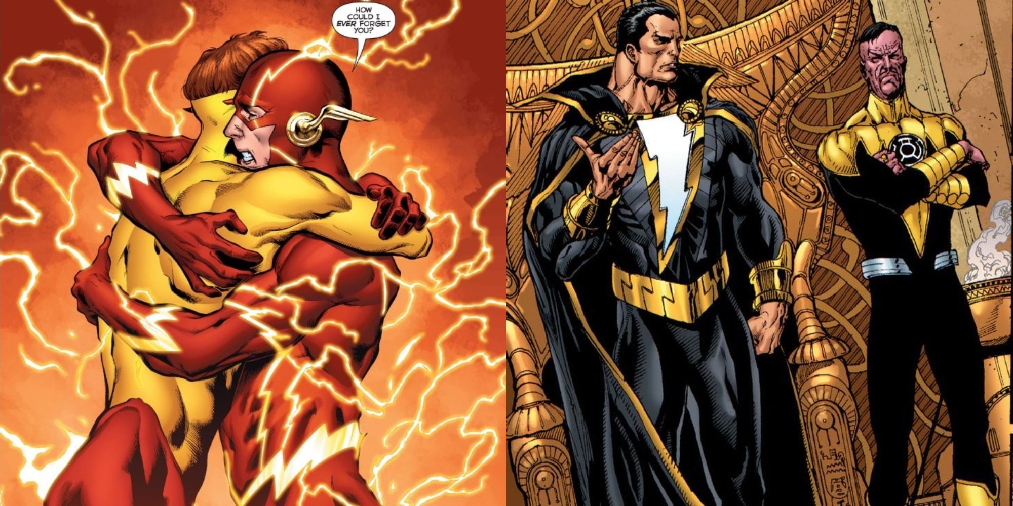 Split image showing Kid Flash and Flash hugging, and Sinestro and Black Adam side by side