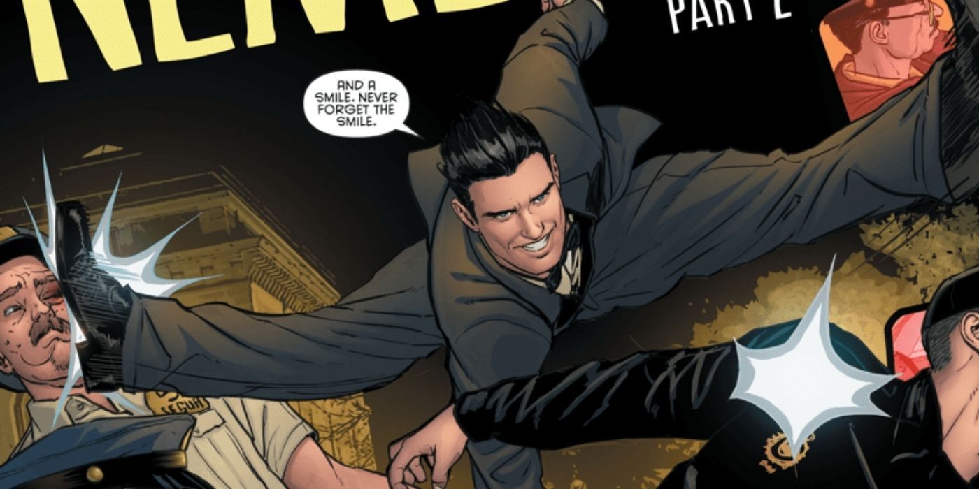Dick Grayson doing the splitd and kicking two men on the face in Grayson