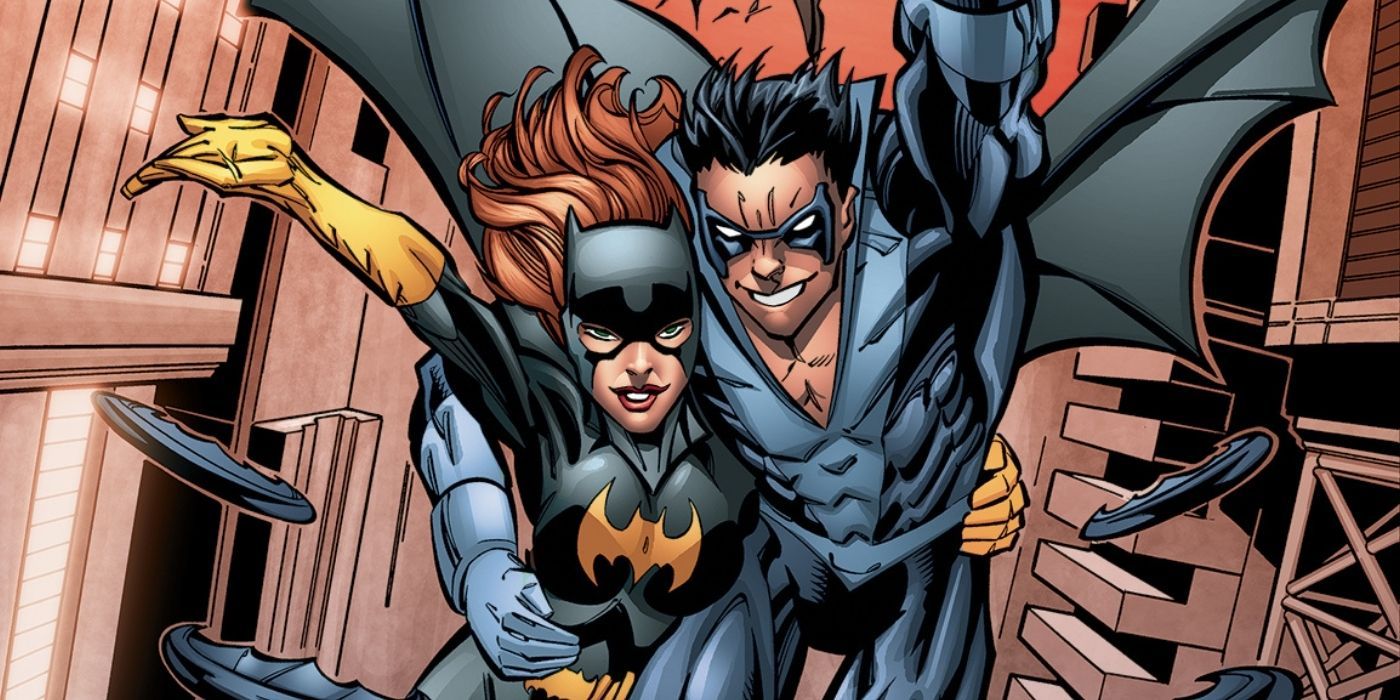 Nightwing and Batgirl swinging around Gotham City at night