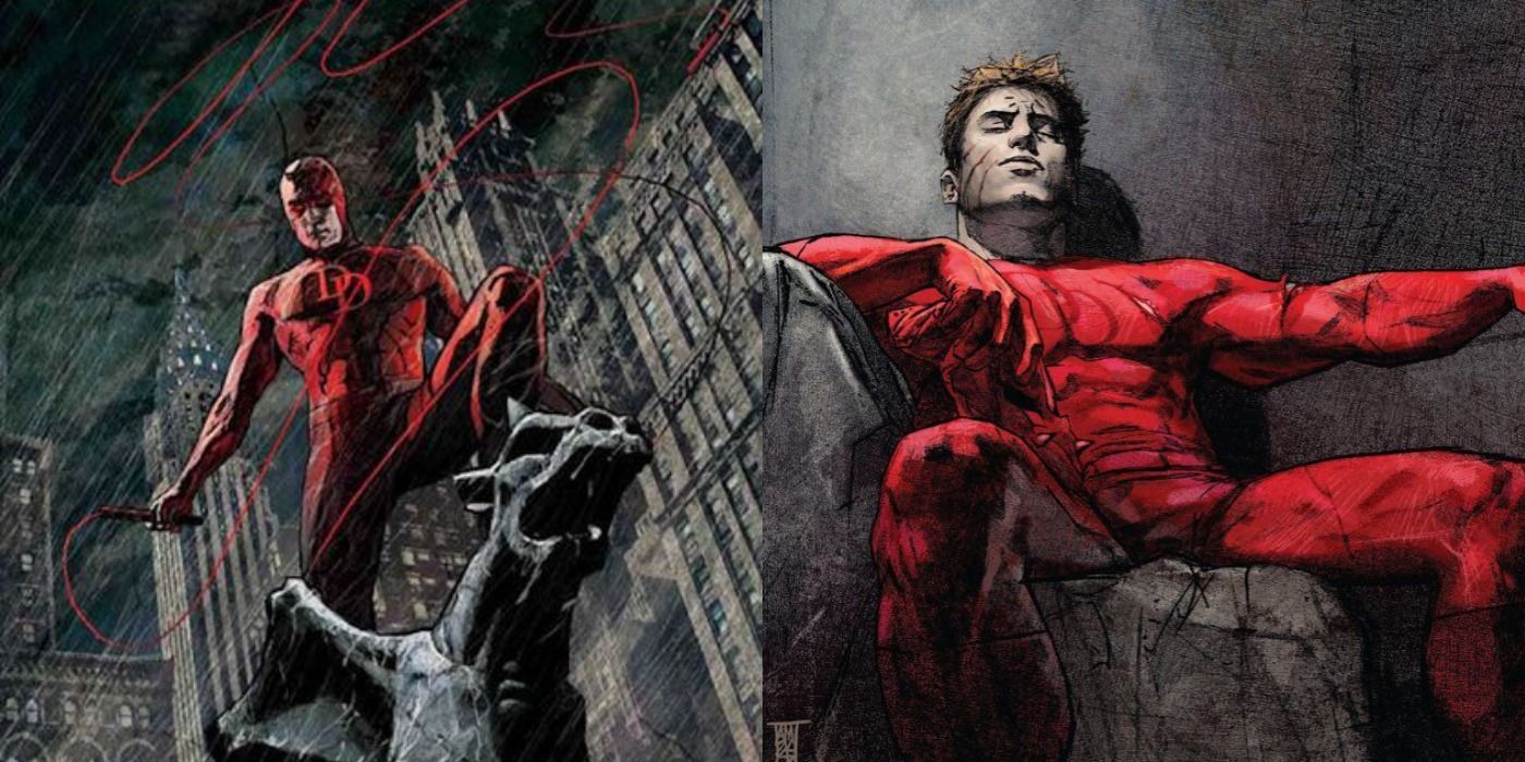 Split image of Daredevil on a gargoyle and sitting unmasked in a chair