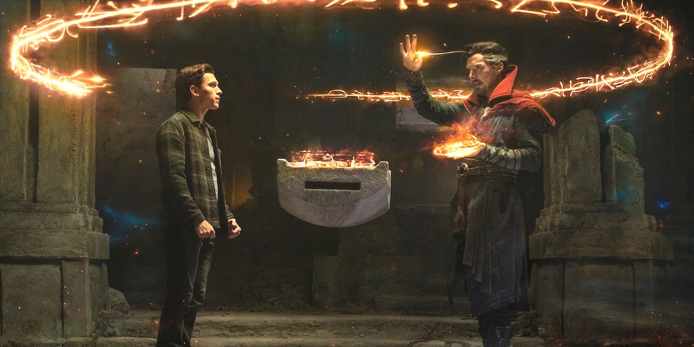 Tom Holland as Peter Parker/Spider-Man and Benedict Cumberbatch as Doctor Strange discussing a magic spell in Spider-Man No Way Home