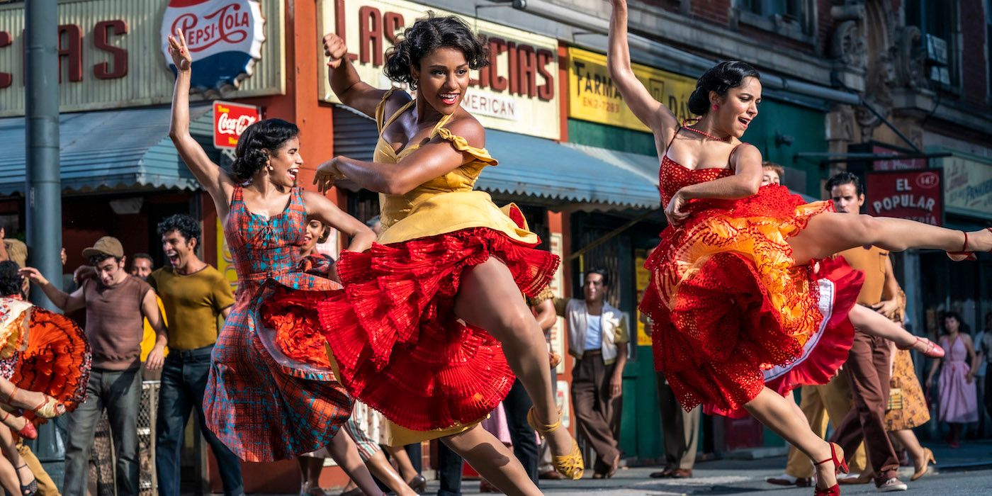 Anita and others in the cast dance in the street in West Side Story