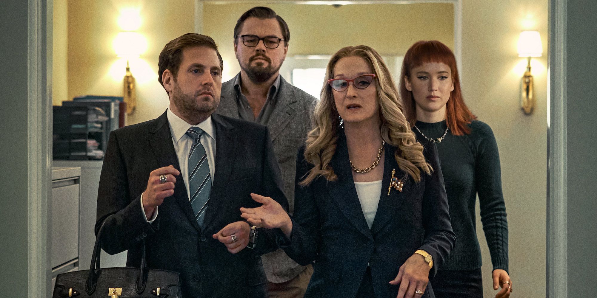 Jonah Hill, Leonardo DiCaprio, Meryl Streep, and Jennifer Lawrence in the White House in Don't Look Up