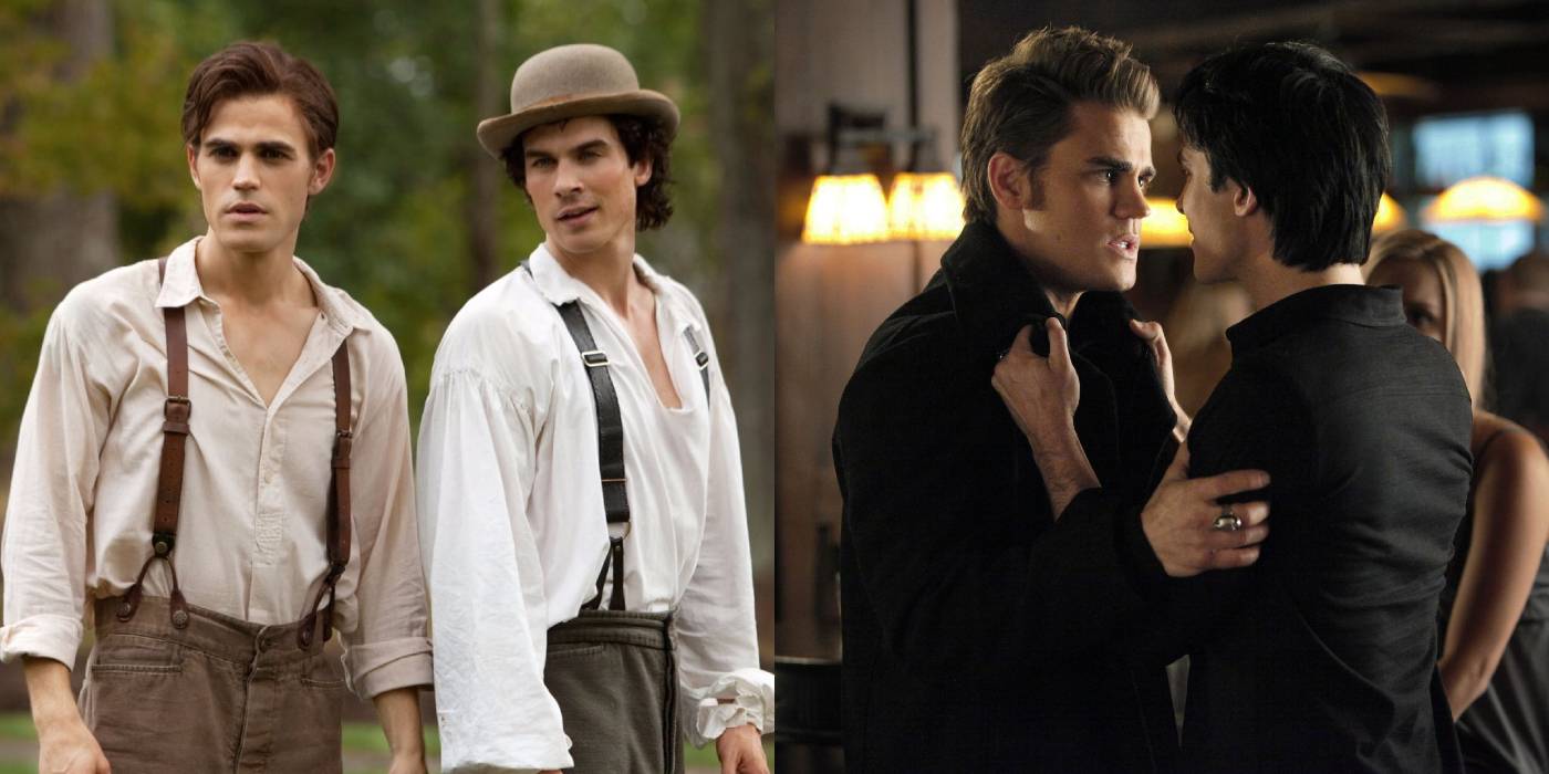 Imagem dividida de Damon e Stefan em 1900 e Damon e Stefan abraçados em The Vampire Diaries