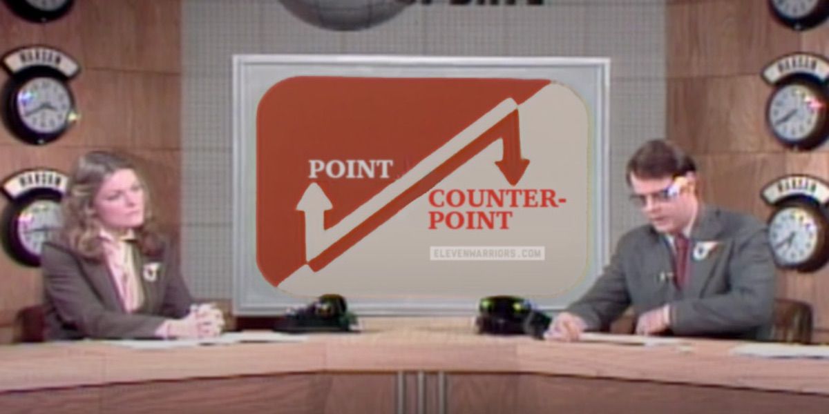 Dan Aykroyd and Jane Curtin perform the Point Counterpoint segment on Weekend Update 