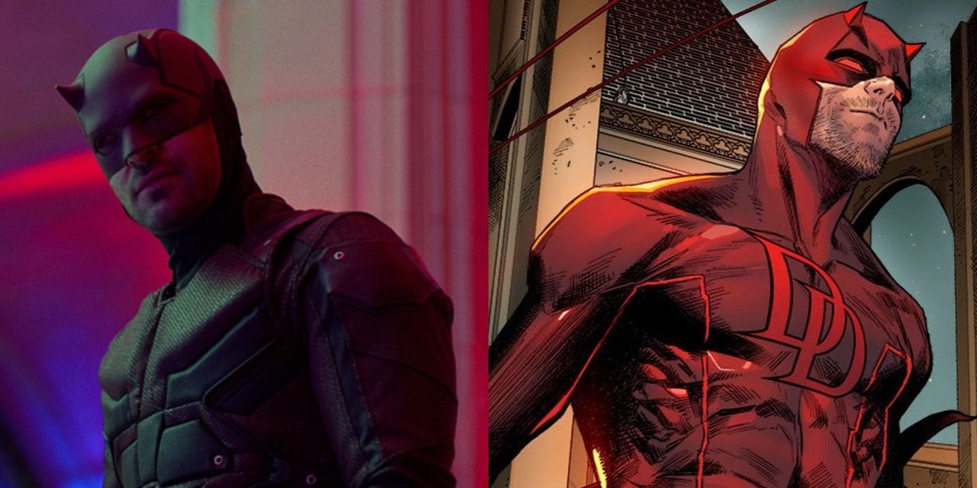 Split image of Daredevil in the live-action Netflix shows and in the comics wearing the scarlet red suit