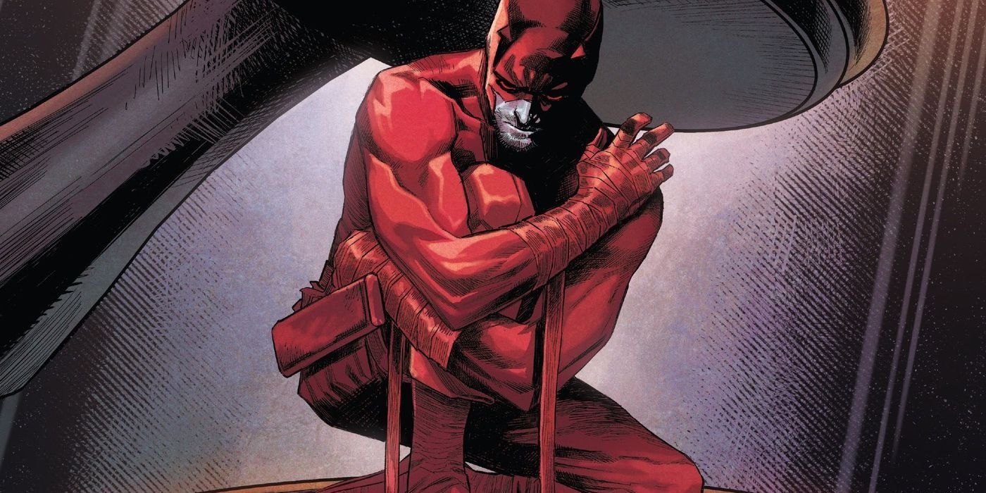 Daredevil crouched under a gavel on the cover of Daredevil #24