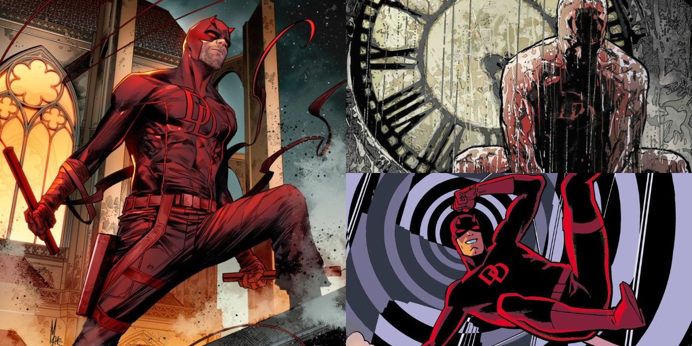 Split image of Daredevil in Zdarsky, Bendis, and Waid's runs respectively