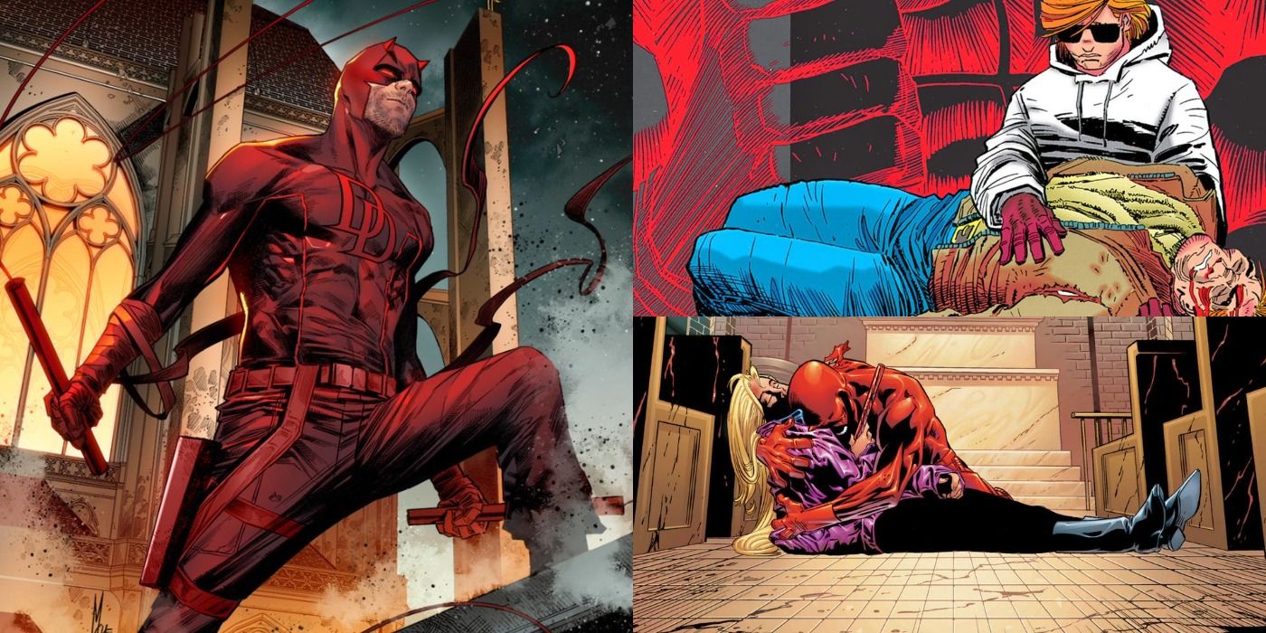 Split image of Daredevil in his red suit standing atop a building, a young Matt holding his father's body, and mourning the death of Karen Page in comics