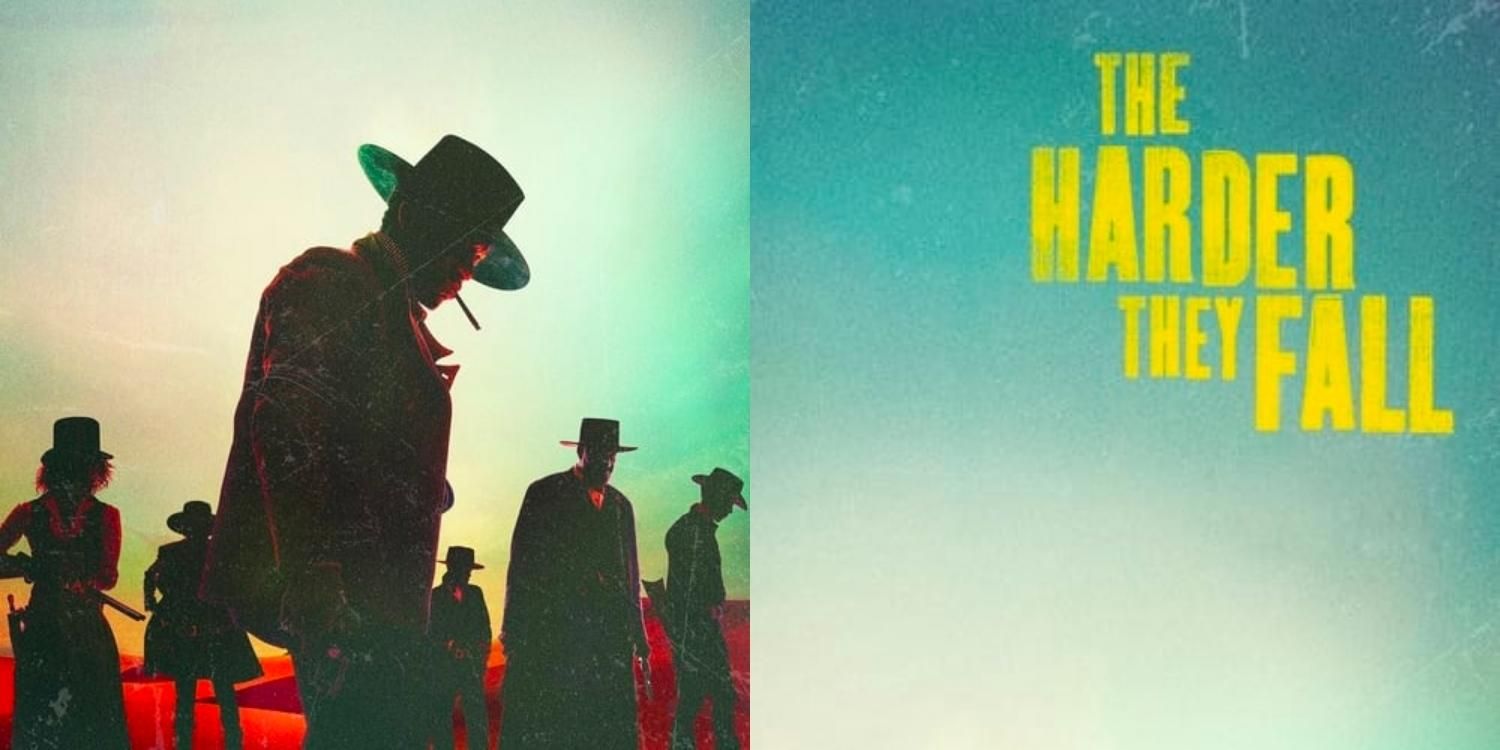 Dark silhouettes of the cast next to the title text of The Harder They Fall
