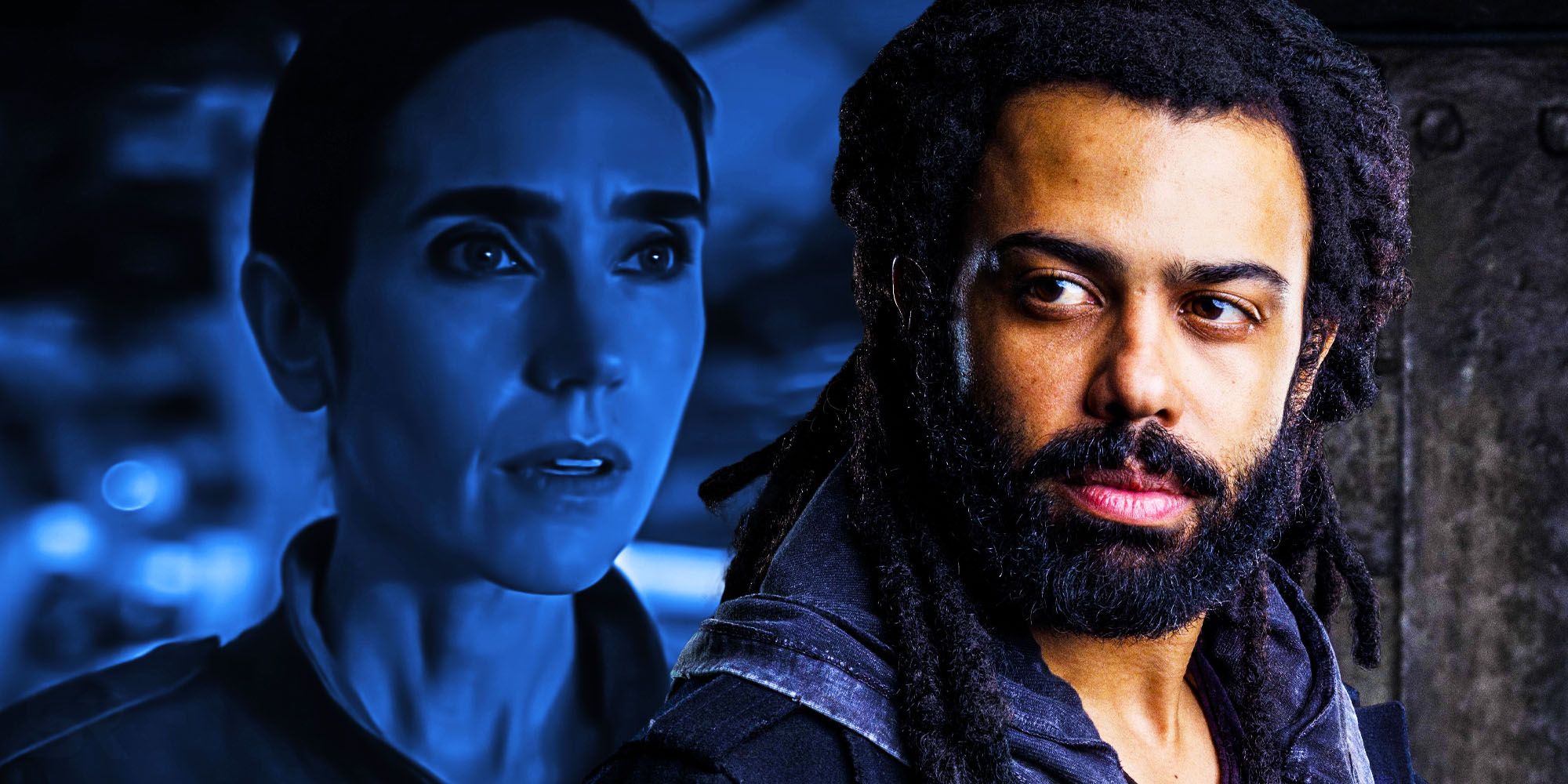 Split image of Jennifer Connelly and Daveed Diggs looking concerned in Snowpiercer