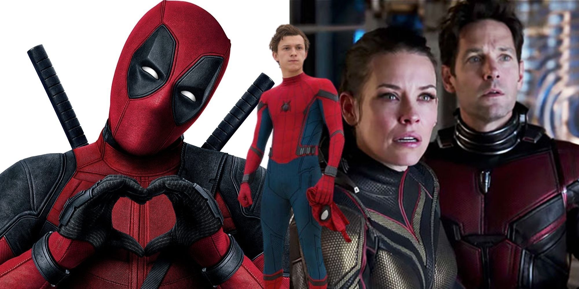 Split image showing Deadpool and Ant-Man and Wasp with Spider-Man in the middle