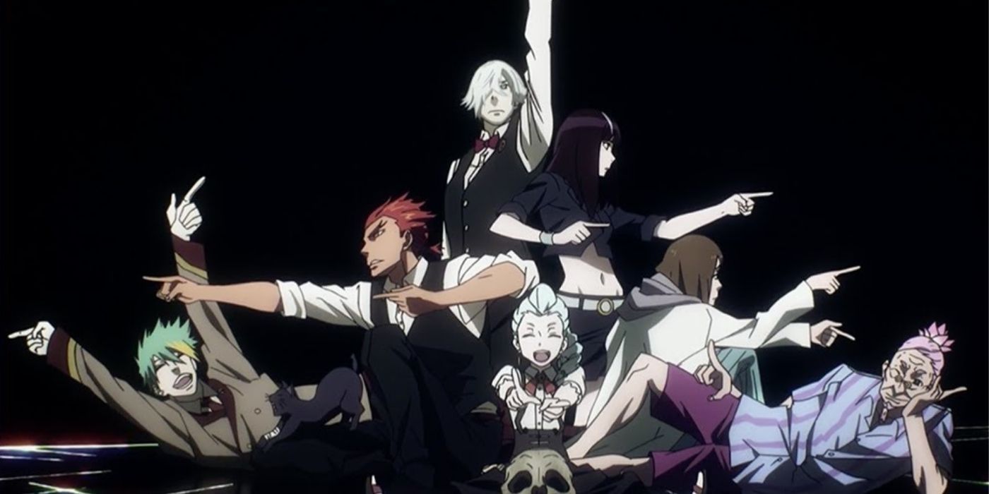 The Arbiters from Death Parade posing enthusiastically together.