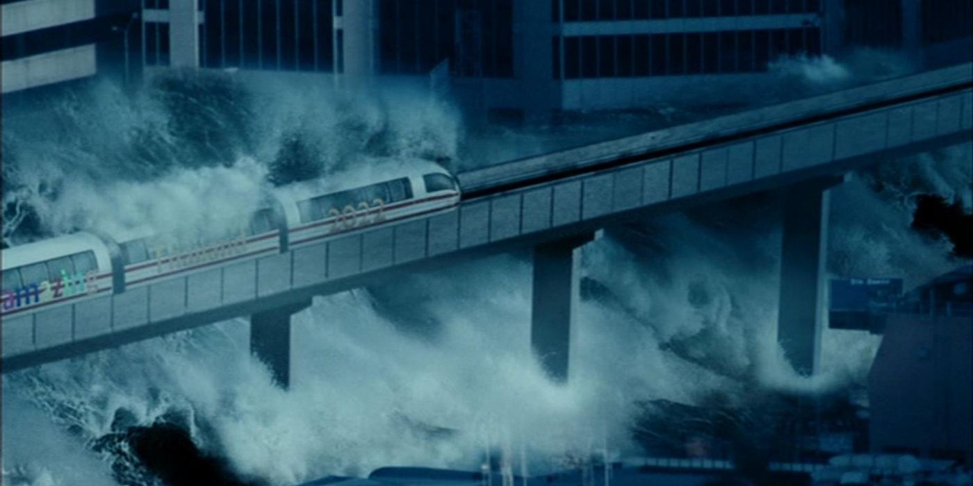 A giant wave destroys a train in the 2009 movie Deathwave