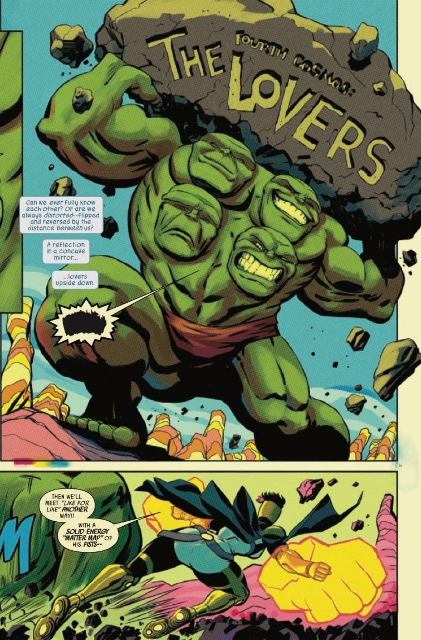 Readers see a proto-Hulk, with four heads