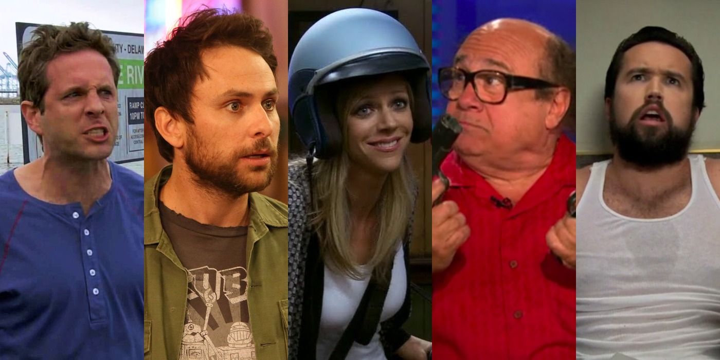 Five images showing Dennis, Charlie, Dee, Frank, and Mac in It's Always Sunny in Philadelphia.