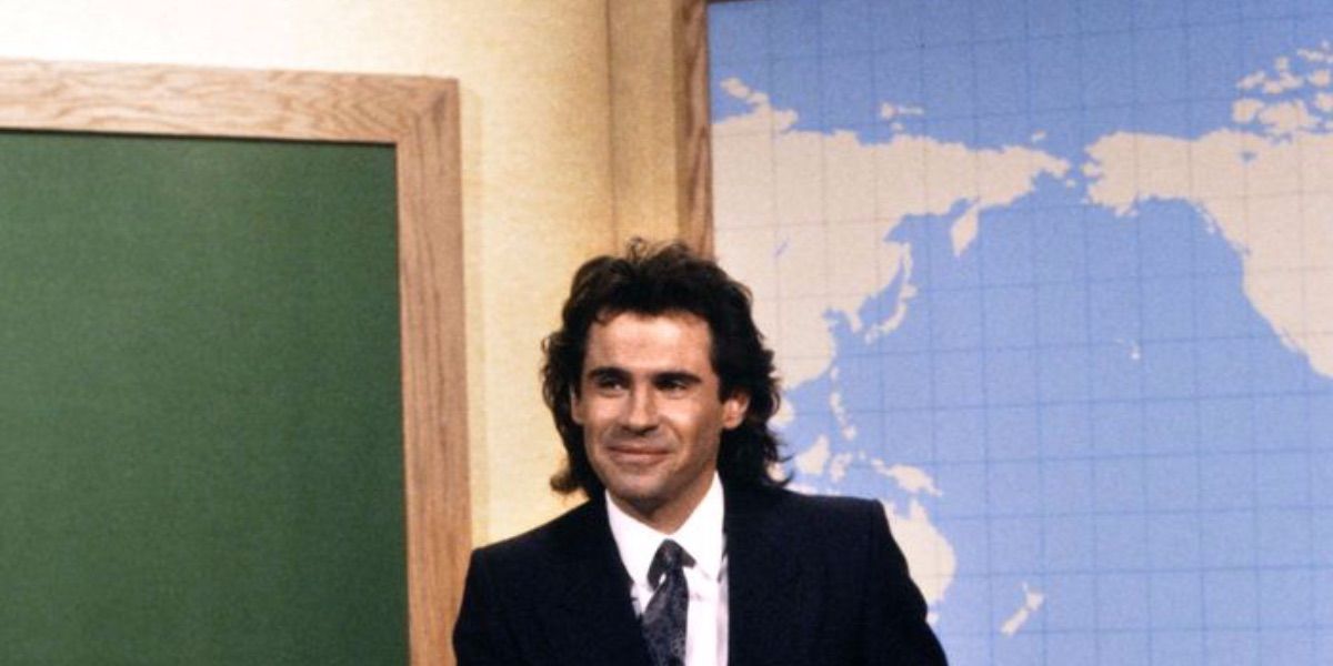 Dennis Miller poses in front of a map on the Weekend Update set.