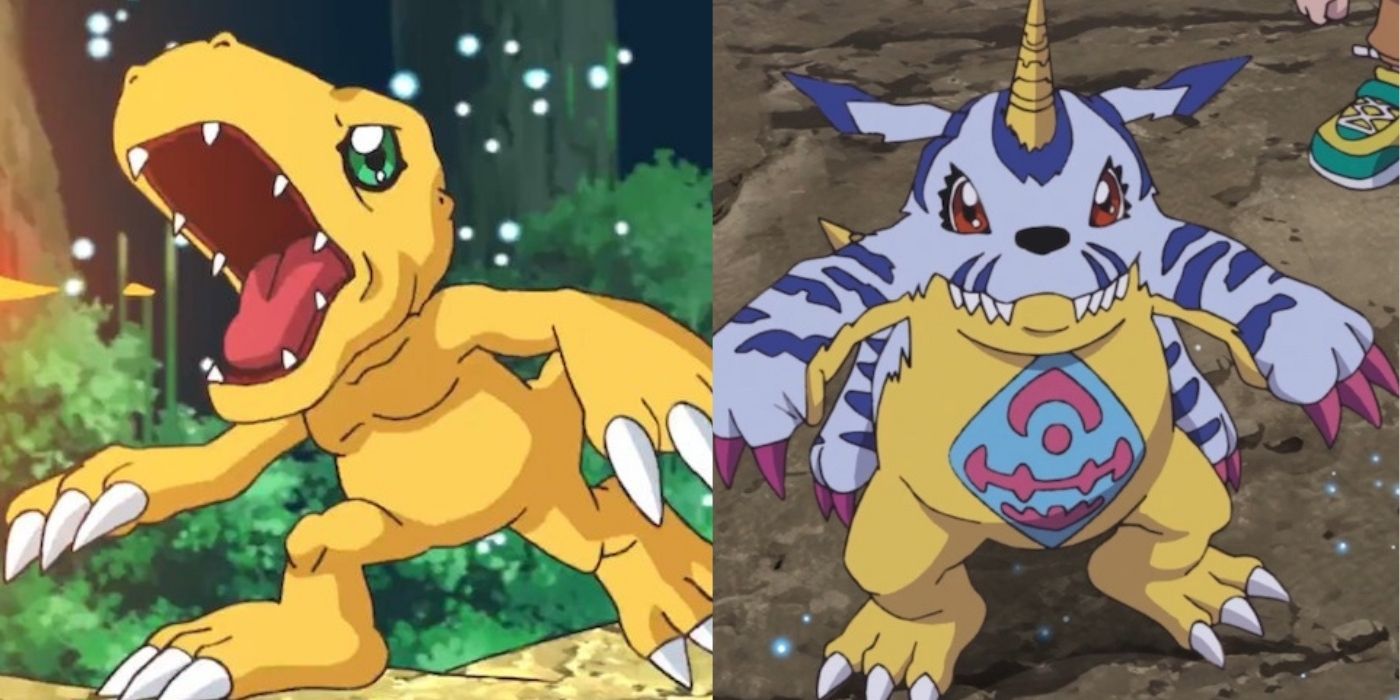 Split image of Agumon and Gabumon from Digimon