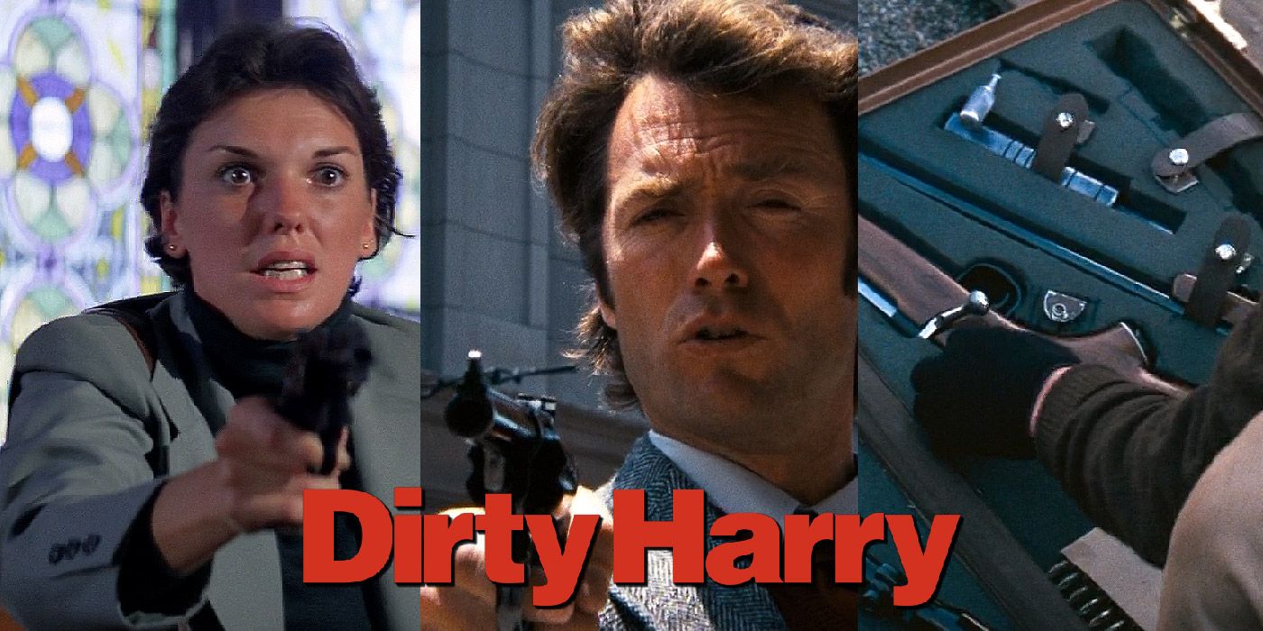 Split image of Kate holding a gun, Harry pointing a gun and the Scorpio from Dirty Harry