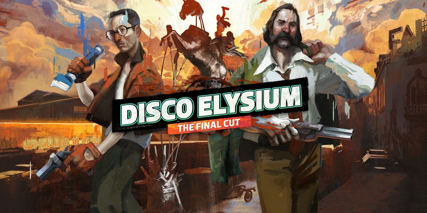Disco Elysium promo art with two of the cast's characters set to the artistic backdrop of the urban-fantasy setting