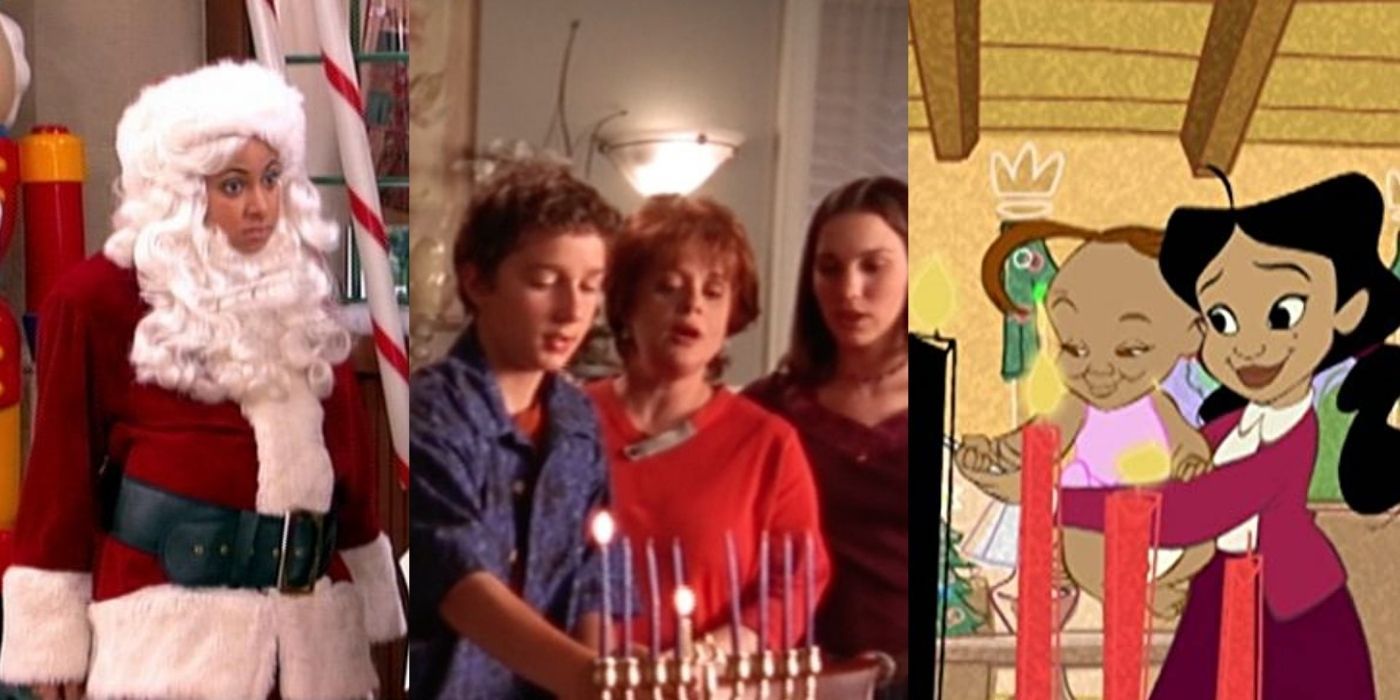 Split Image: Raven as Santa, Even Stevens with their menorah, and Penny Proud celebrating Kwanza