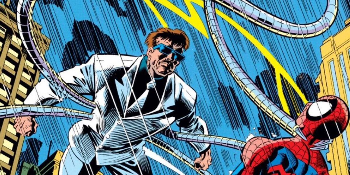 Doc Ock in a white suit gripping Spider-Man by his throat using his mechanical arms