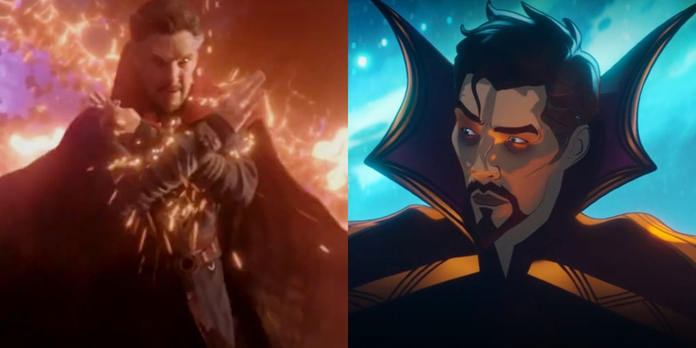 Split image of Doctor Strange in Spider-Man: No Way Home and from What If..? animated series.
