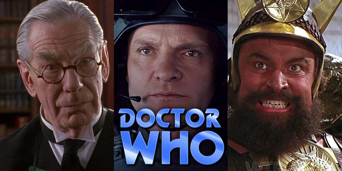 Split image of Michael Gough, Julian Glover and Brian Blessed from Doctor Who