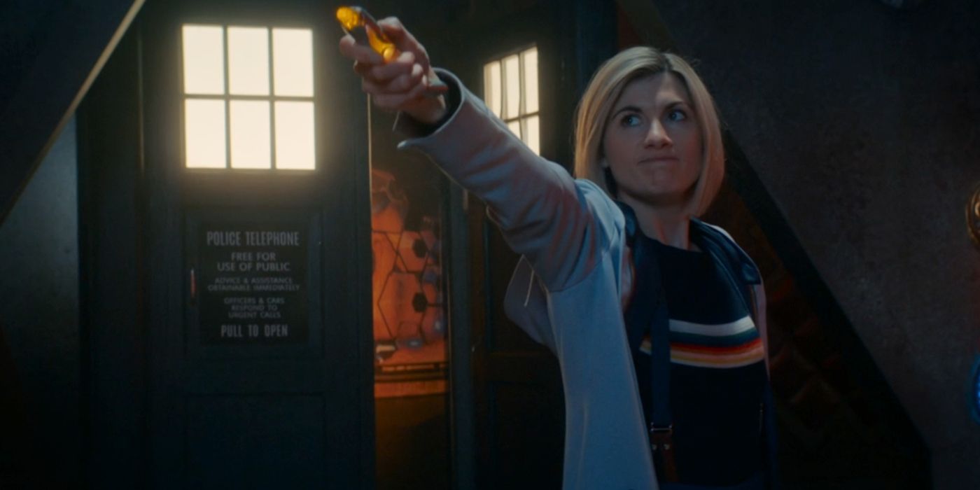 Jodie Whittaker as the Thirteenth Doctor using the Sonic Screwdriver in Doctor Who