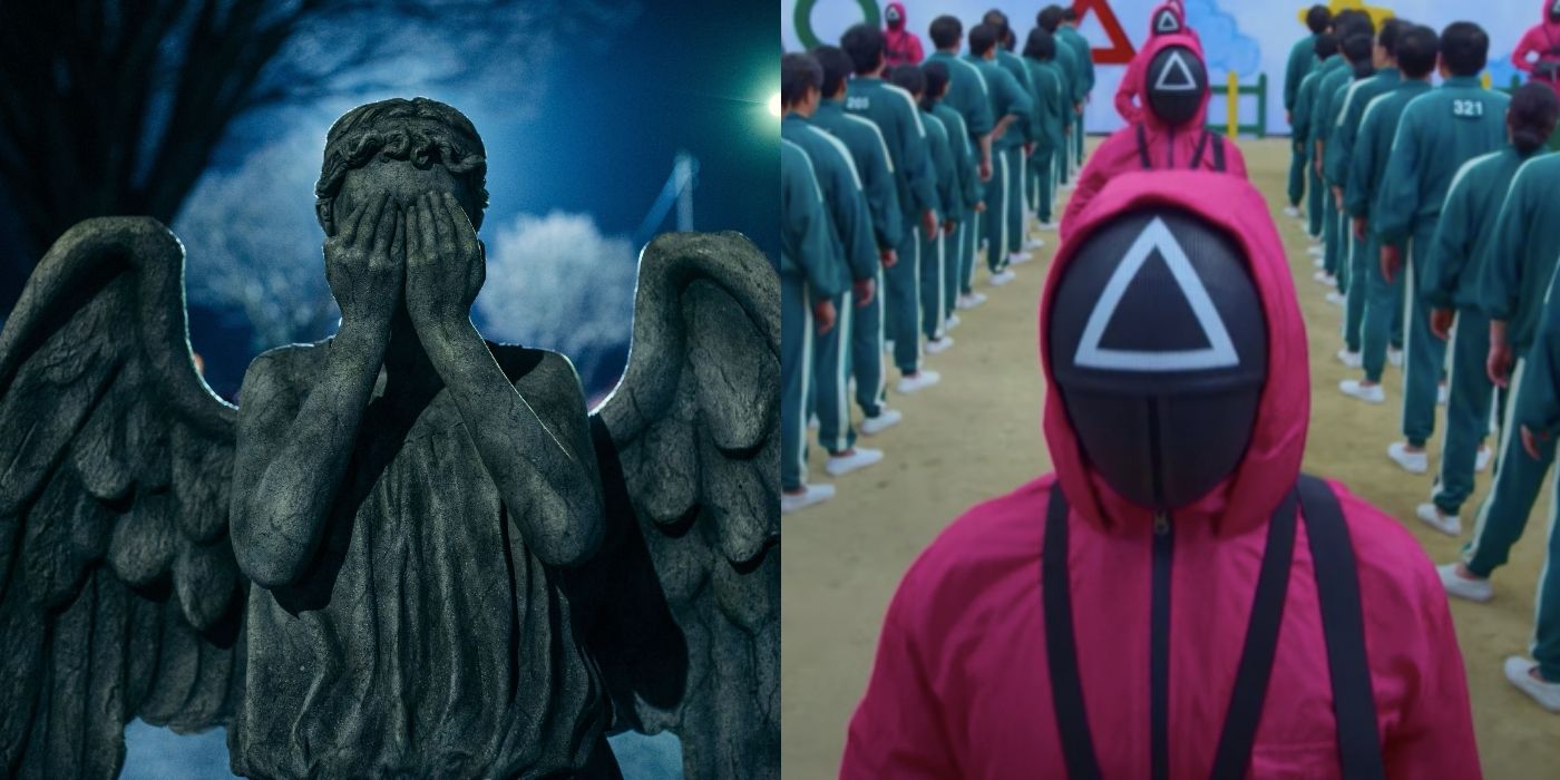 Split image of Weeping Angel in Doctor Who and the guard and players in Squid Game