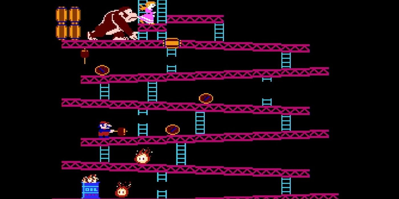Donkey Kong throws barrels at Mario in the 1981 game