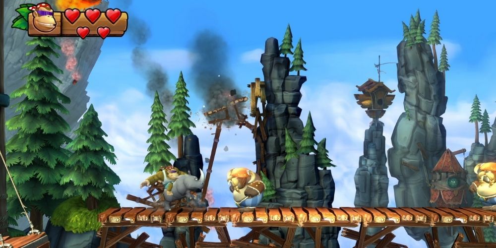 Funky Kong glides through the forest in Donkey Kong Country: Tropical Freeze