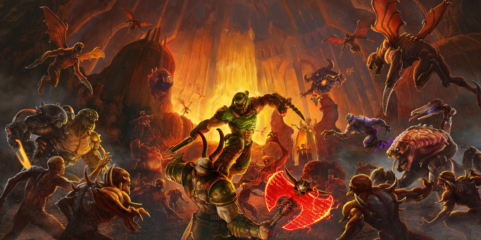 Doom Guy fighting monsters in a poster for the game DOOM Eternal