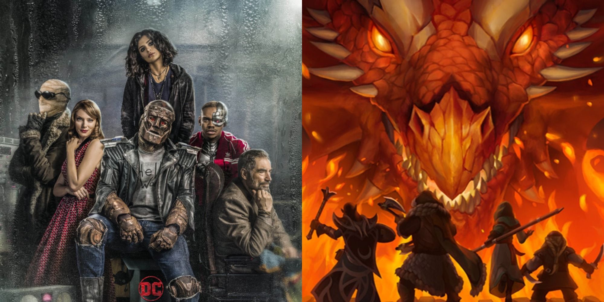 Split image showing the cast of Doom Patrol and a dragon facinf some soldiers in D&D