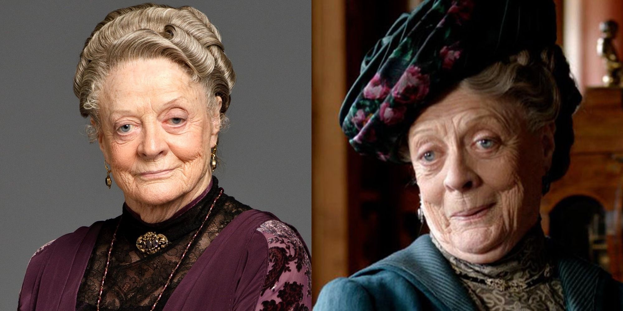 Split image showing Lady Violet Crawley in Downton Abbey