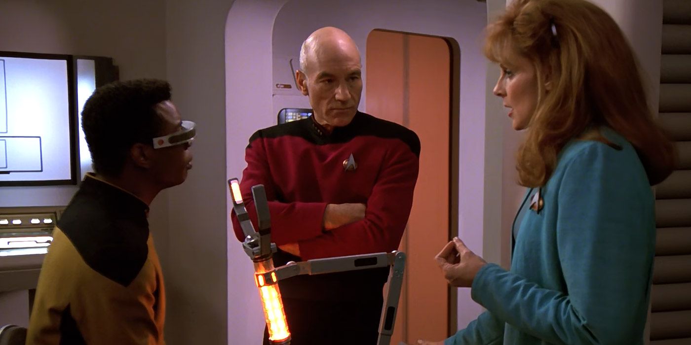 La Forge, Picard and Dr. Crusher in sick bay in Star Trek TNG