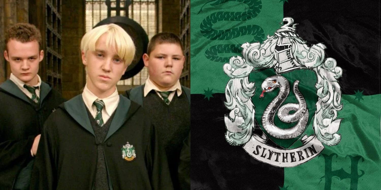 Draco, Crabbe and Goyle standing together next to the Slytherin crest