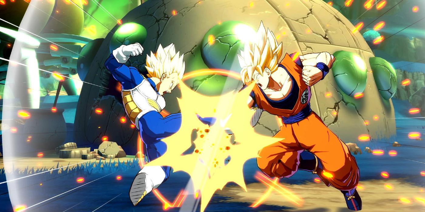 Two characters square off in Dragon Ball FighterZ