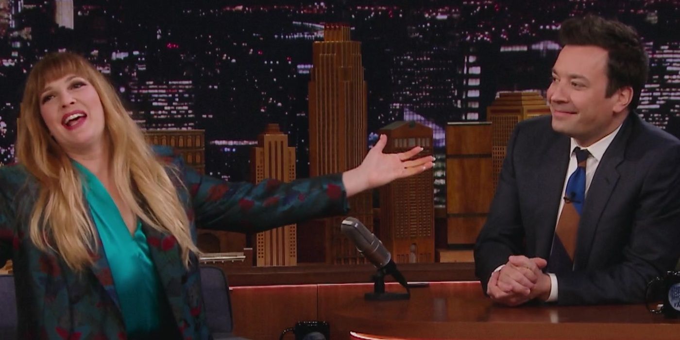 Drew Barrymore talking to Jimmy Fallon in a still from The Stand In