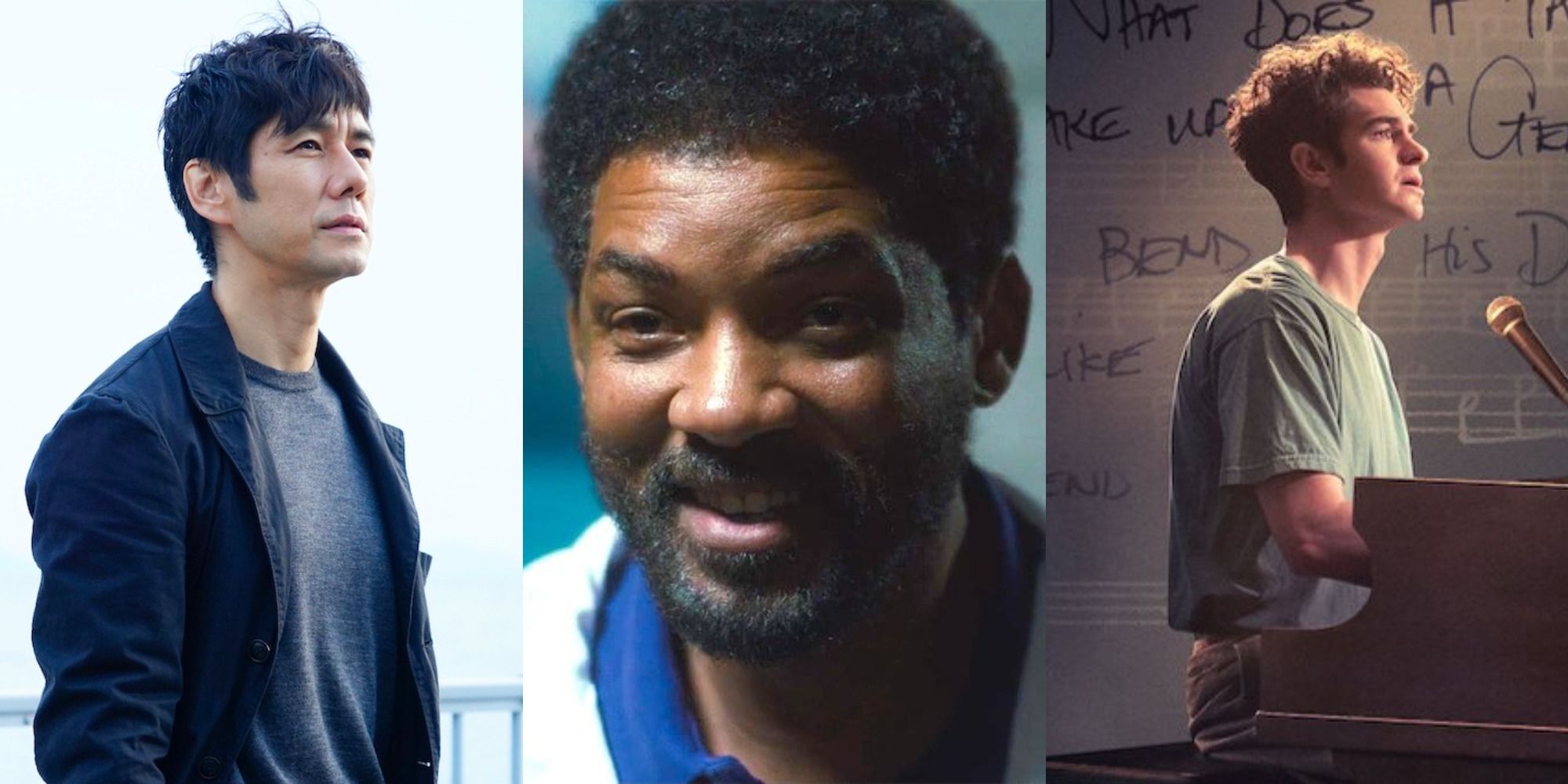 Split image showing Yosuke in Drive my Car, Richard in King Richard, and Jonathan in tick, tick… BOOM!