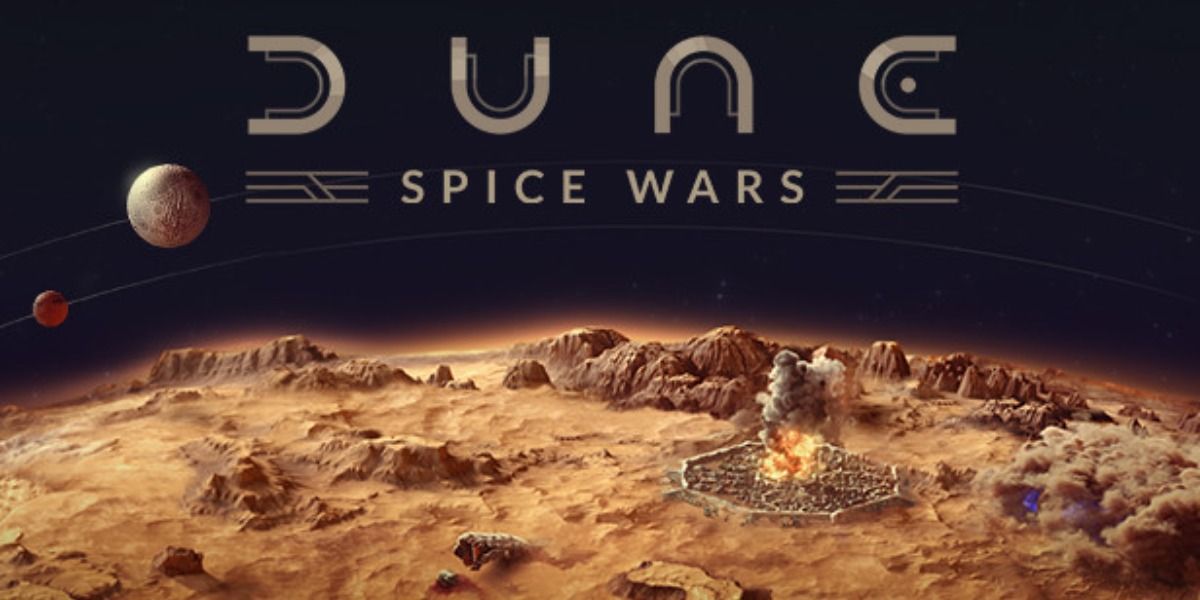 Logo for Dune: Spice Wars and a top-down view of the desert planet of Arrakis