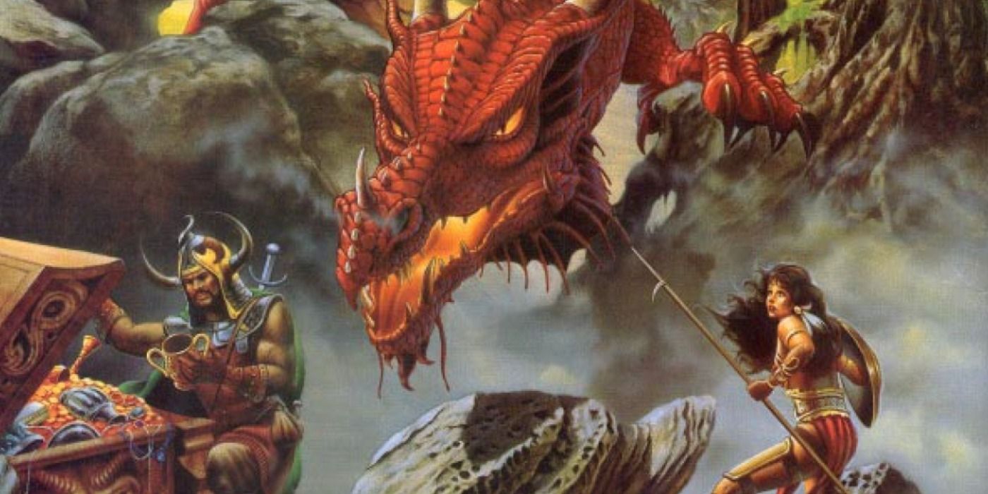 Cover art for a Dragonlance rulebook, showing a red dragon looming over two adventurers, one holding a spear and the other plundering a chest.