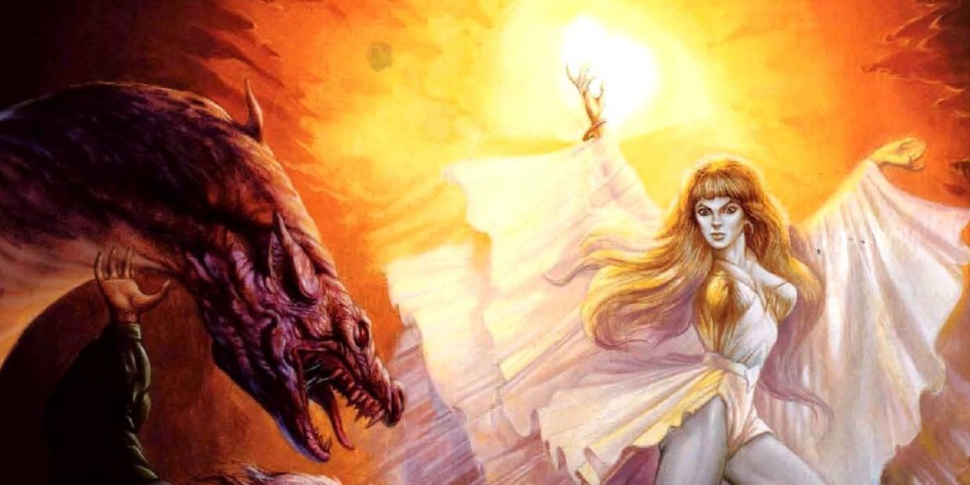 Cover art for D&D's Tome of Magic sourcebook, with a woman clad in white, flowing clothes casts a spell with her upraised arm while facing down a snarling dragon.