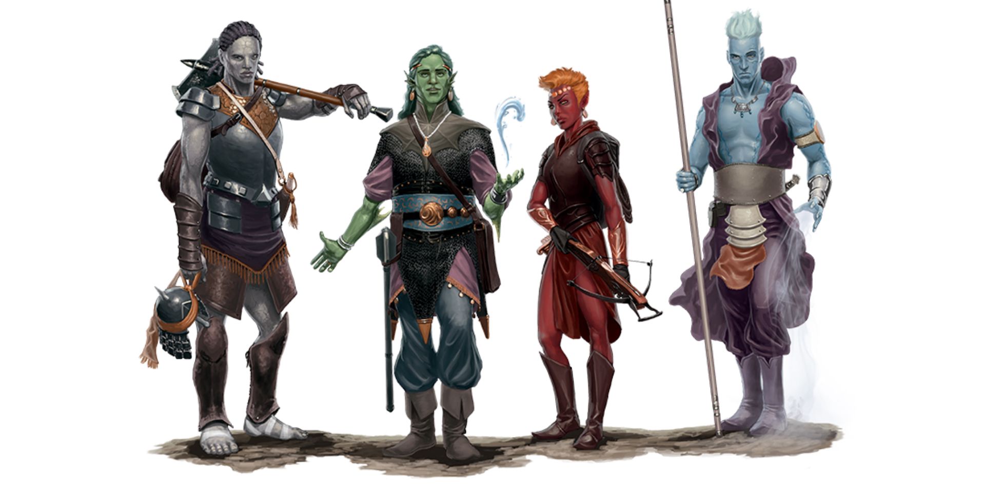 Quatro personagens de Dungeons & Dragons ficaram na frente de um fundo branco.