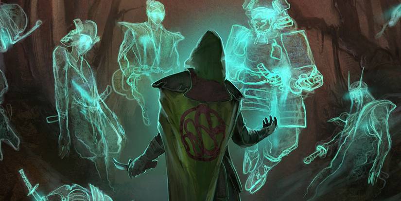 A cloaked D&D character using the spirit guardians spell, surrounded by glowing ghosts.