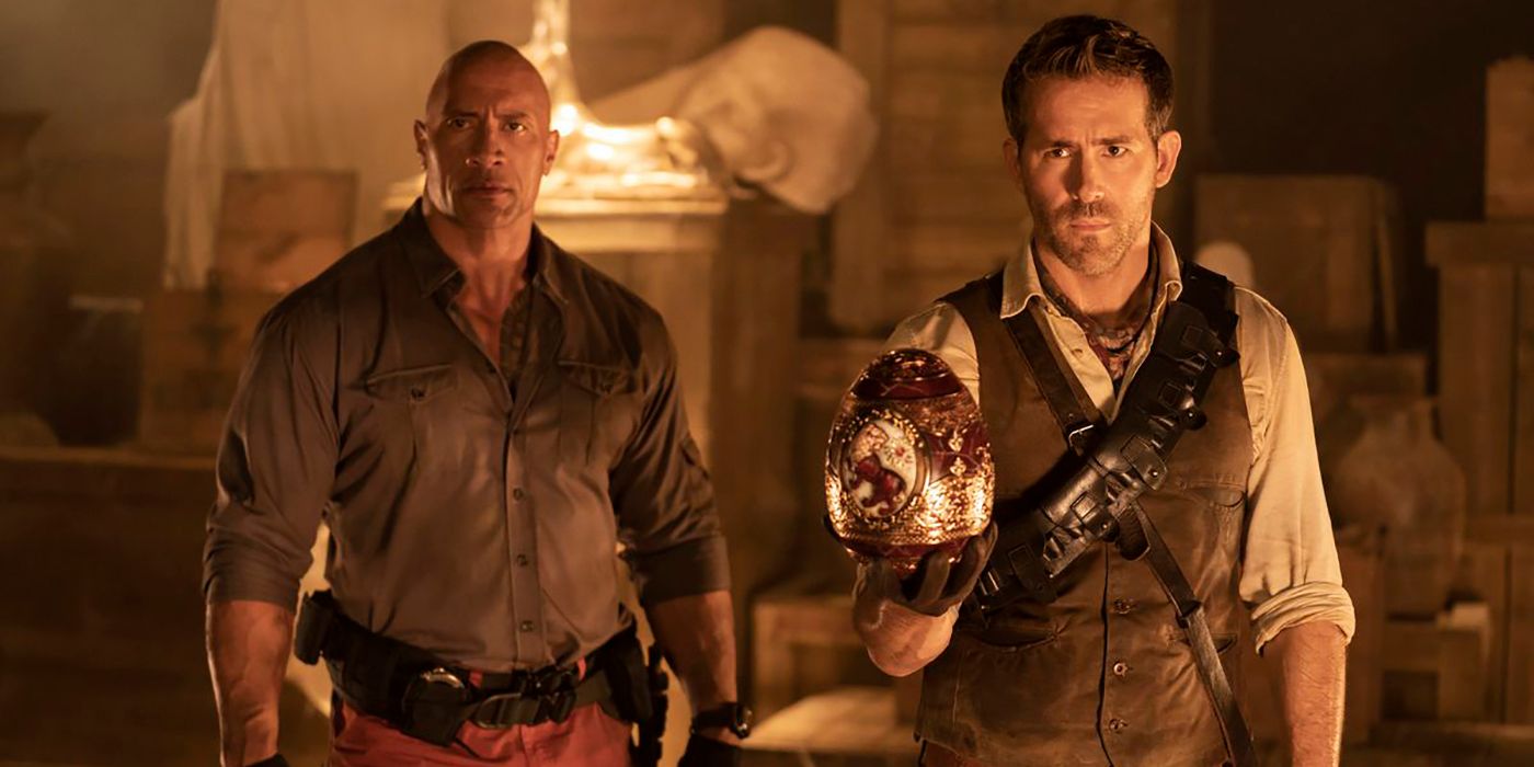 Dwayne Johnson and Ryan Reynolds in an ancient temple in Red Notice